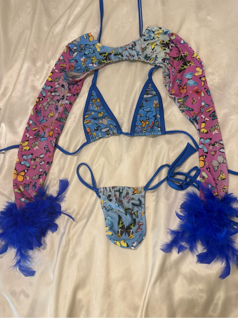 Butterfly Print Blue & Pink String Bikini with Feather Cuffs